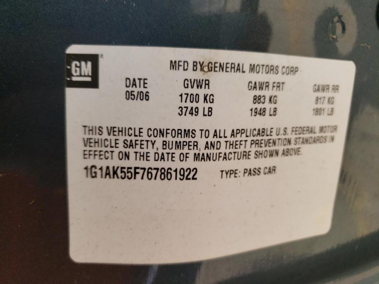Photo 10 from auction – 2006 CHEVROLET COBALT LS with VIN 1G1AK55F767861922