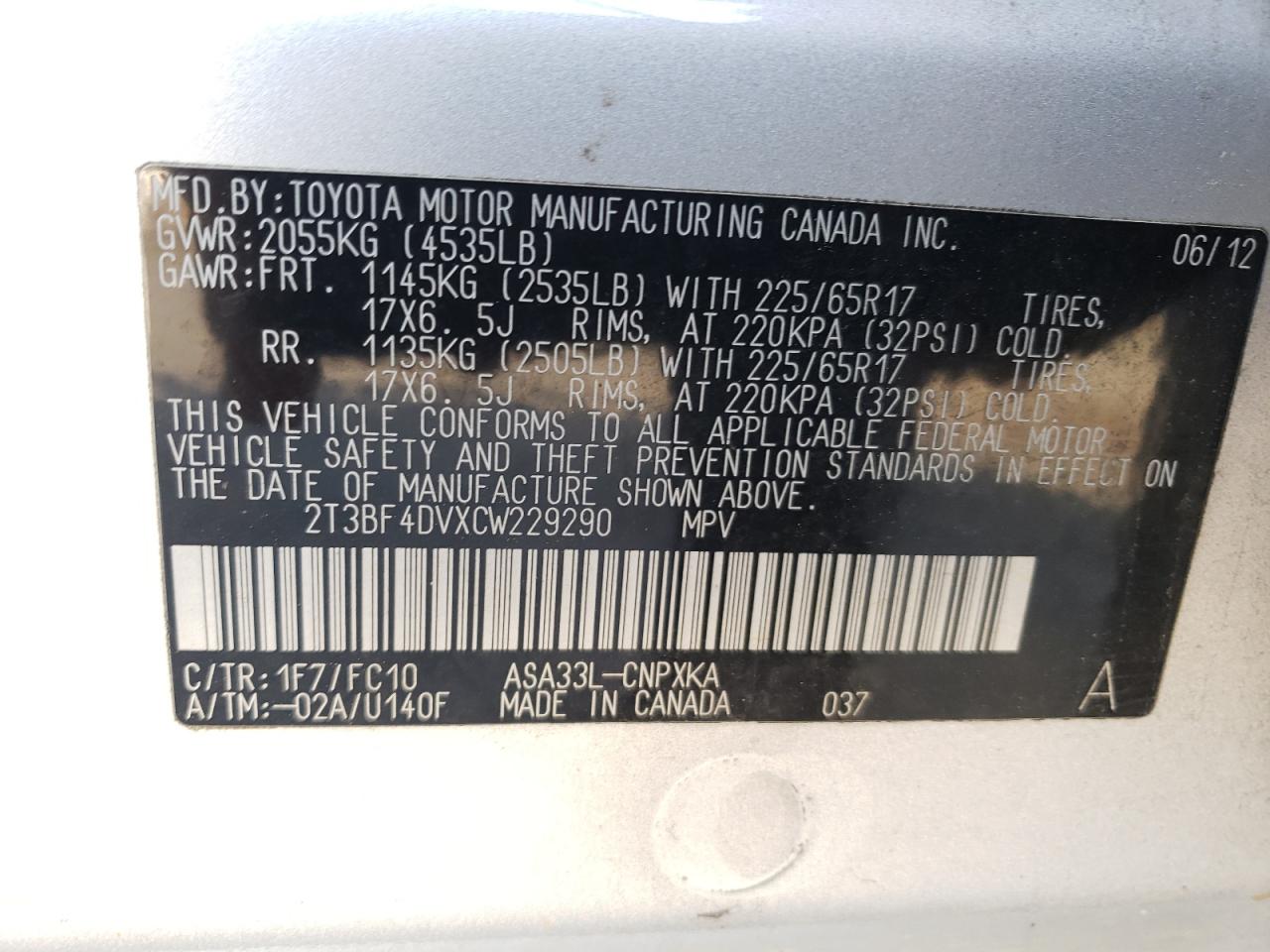 Photo 10 from auction – 2012 TOYOTA RAV4 with VIN 2T3BF4DVXCW229290