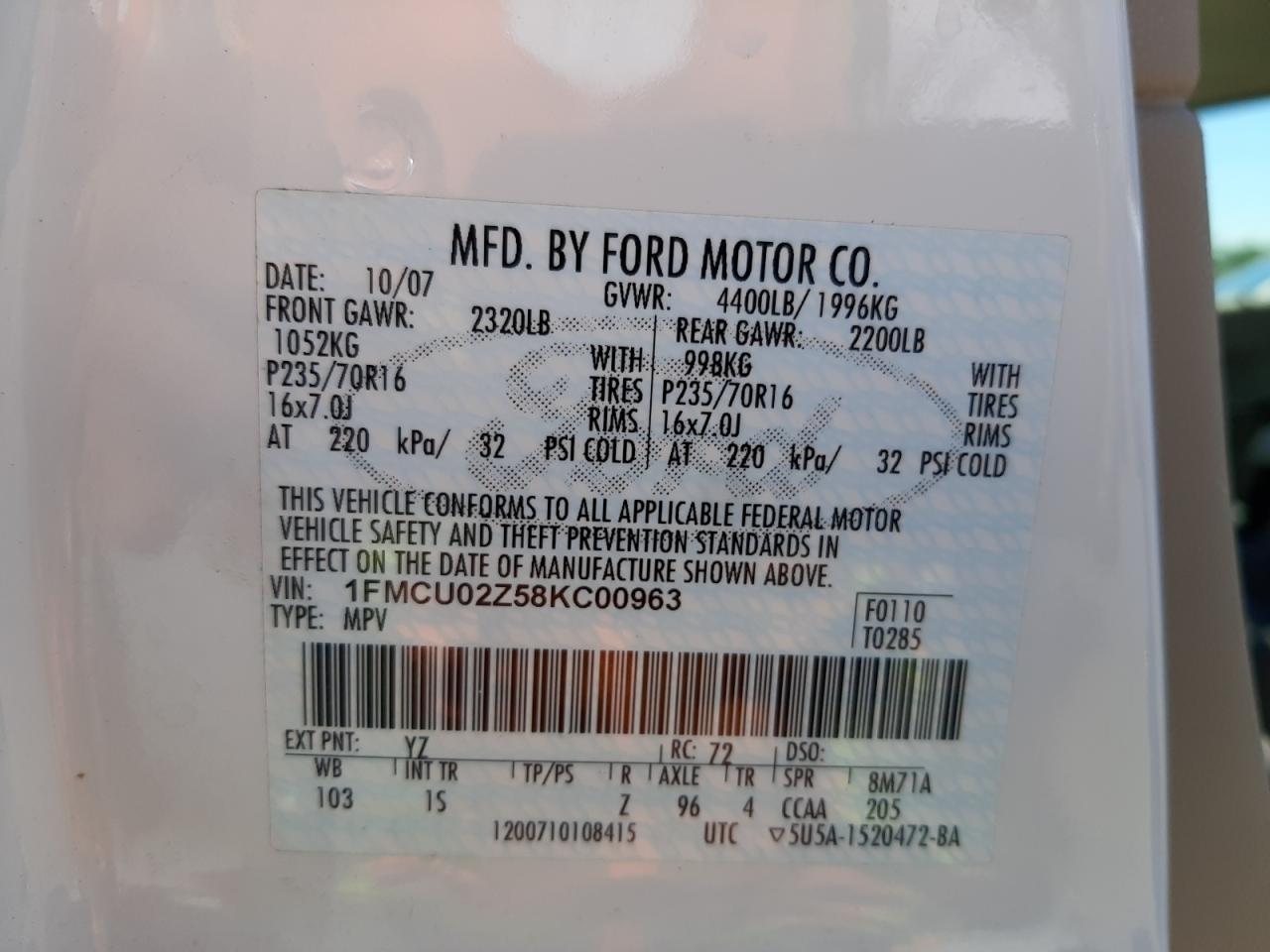 Photo 10 from auction – 2008 FORD ESCAPE XLS with VIN 1FMCU02Z58KC00963