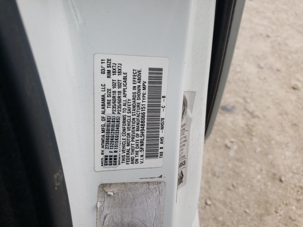 Photo 11 from auction – 2011 HONDA ODYSSEY TO with VIN 5FNRL5H94BB066151