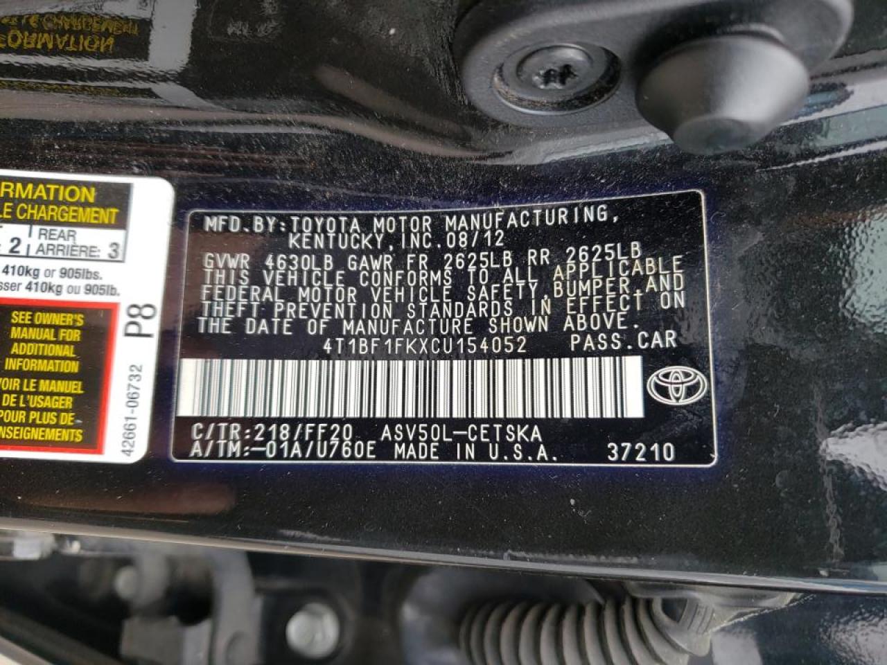 Photo 10 from auction – 2012 TOYOTA CAMRY BASE with VIN 4T1BF1FKXCU154052