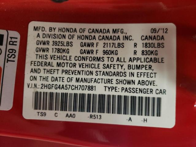 Photo 10 from auction – 2012 HONDA CIVIC SI with VIN 2HGFG4A57CH707881