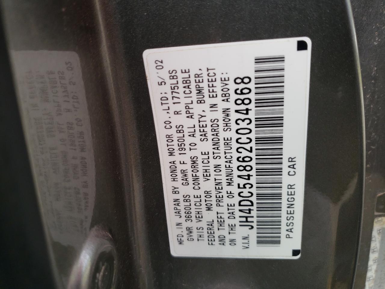 Photo 11 from auction – 2002 ACURA RSX with VIN JH4DC54862C034868