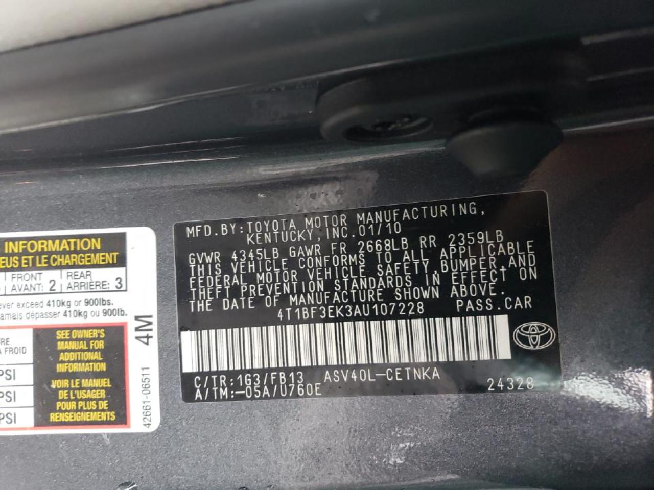 Photo 10 from auction – 2010 TOYOTA CAMRY BASE with VIN 4T1BF3EK3AU107228
