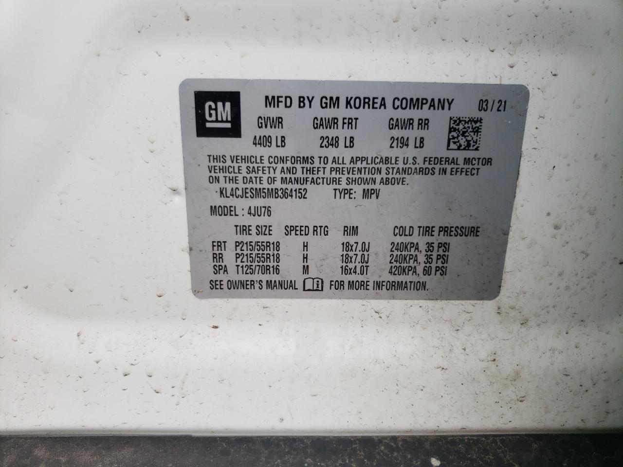 Photo 10 from auction – 2021 BUICK ENCORE PRE with VIN KL4CJESM5MB364152