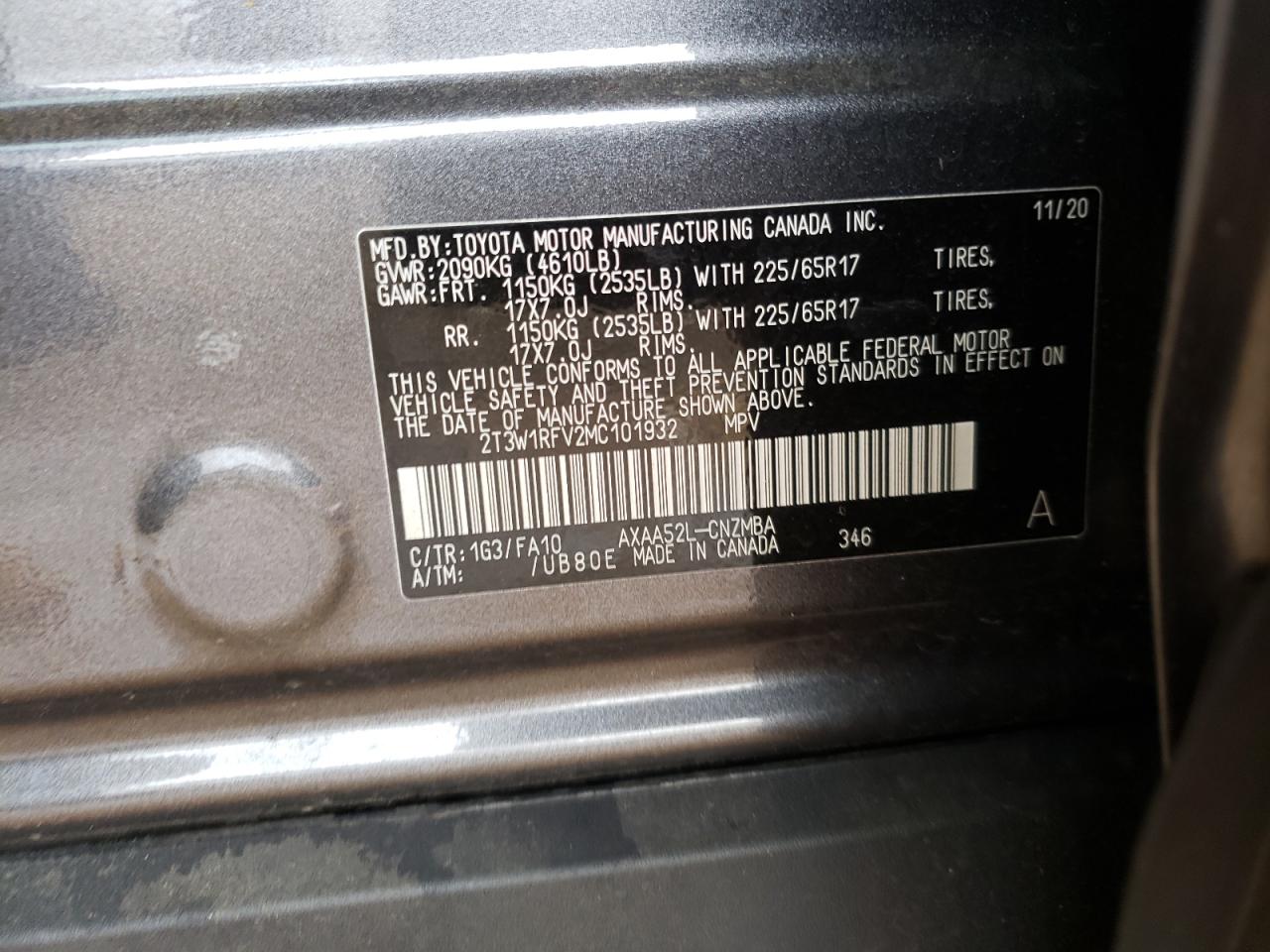 Photo 10 from auction – 2021 TOYOTA RAV4 XLE with VIN 2T3W1RFV2MC101932