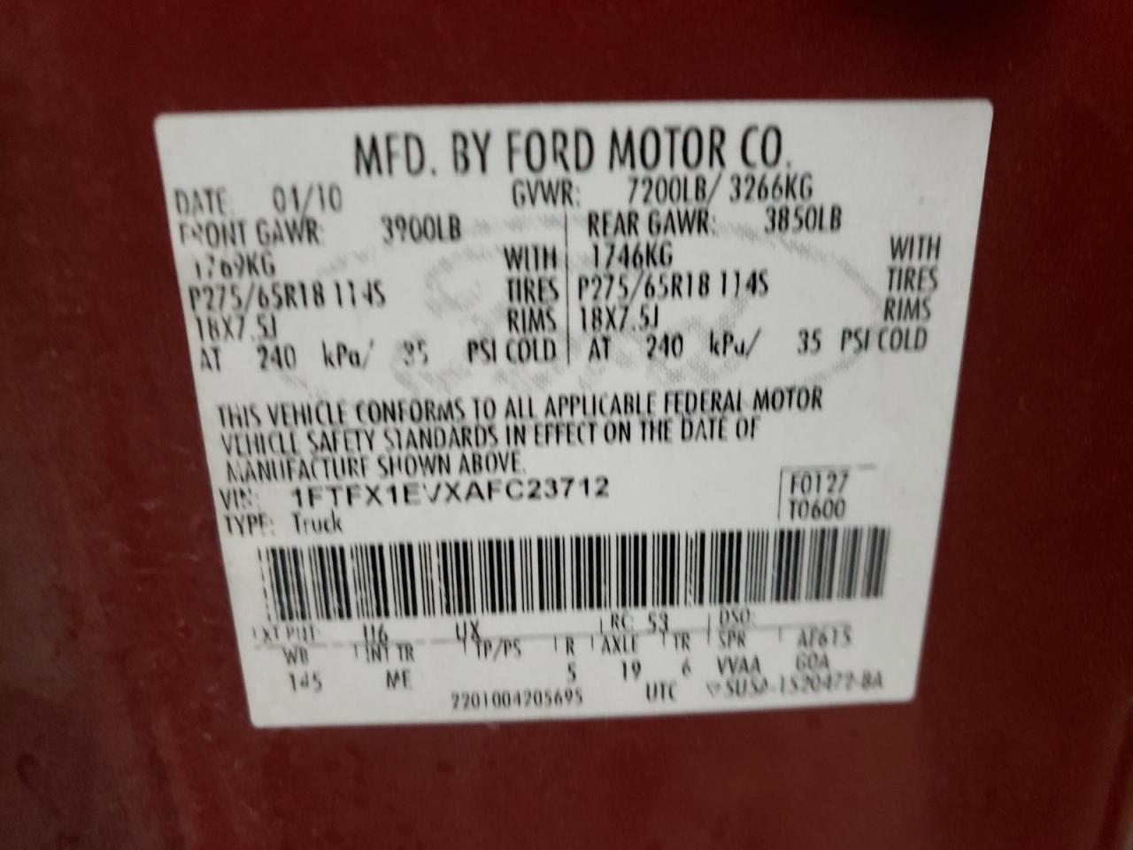 Photo 10 from auction – 2010 FORD F150 SUPER with VIN 1FTFX1EVXAFC23712