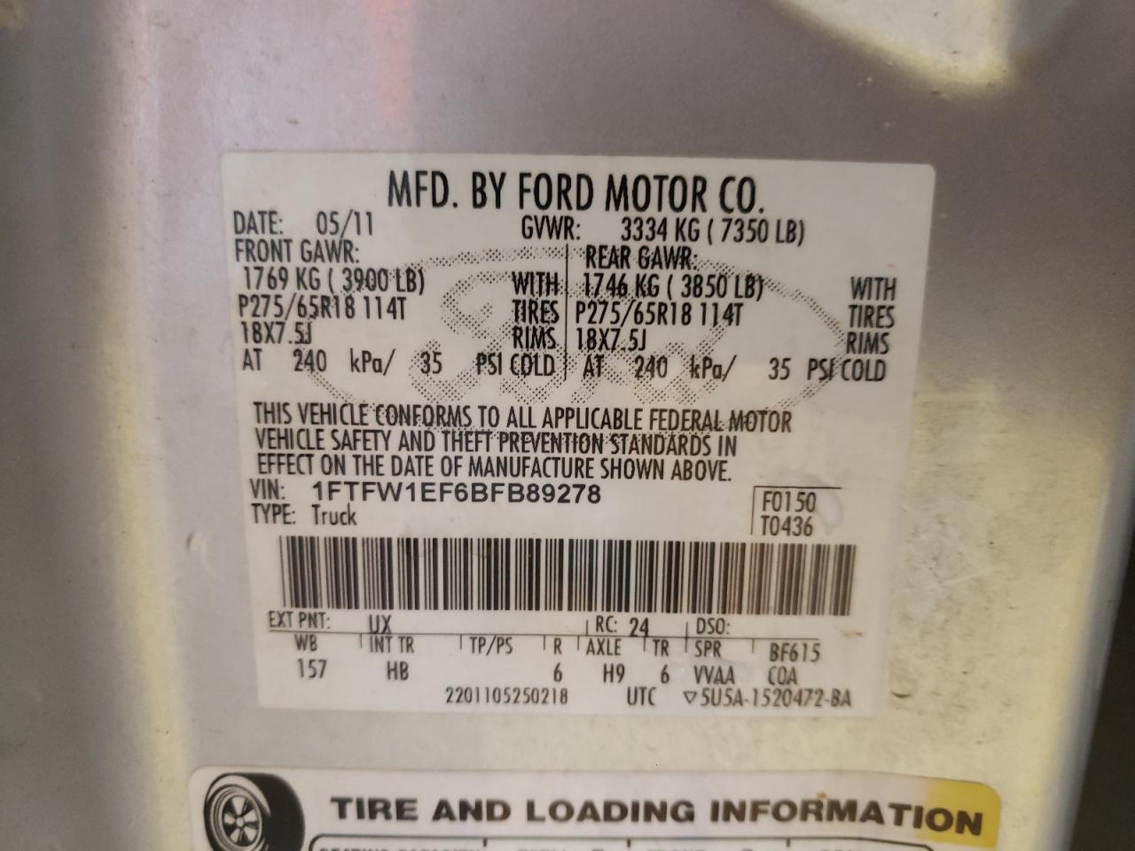 Photo 10 from auction – 2011 FORD F150 SUPER with VIN 1FTFW1EF6BFB89278