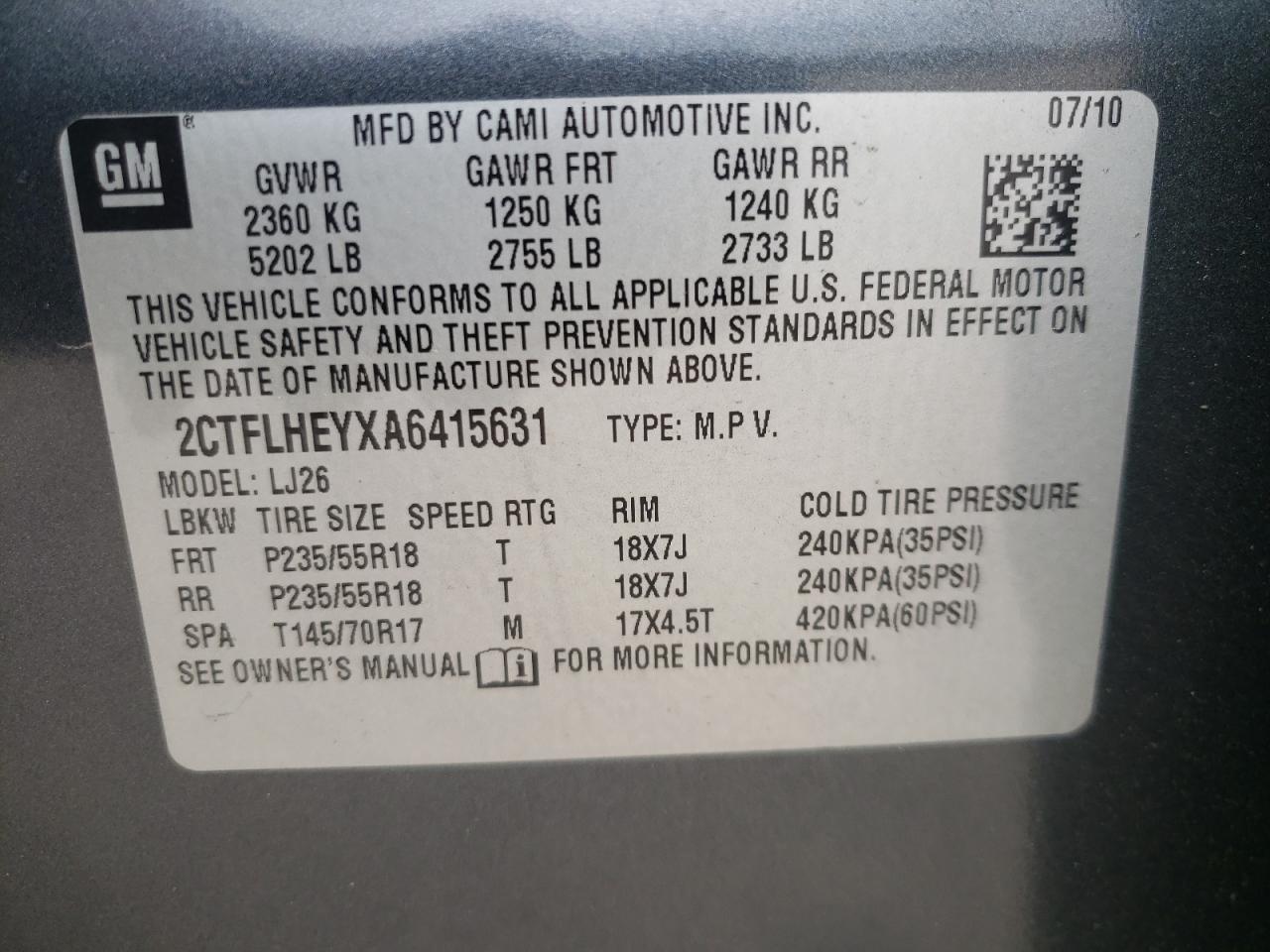 Photo 10 from auction – 2010 GMC TERRAIN SL with VIN 2CTFLHEYXA6415631
