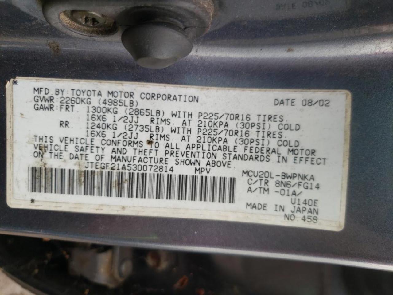 Photo 10 from auction – 2003 TOYOTA HIGHLANDER with VIN JTEGF21A530072814