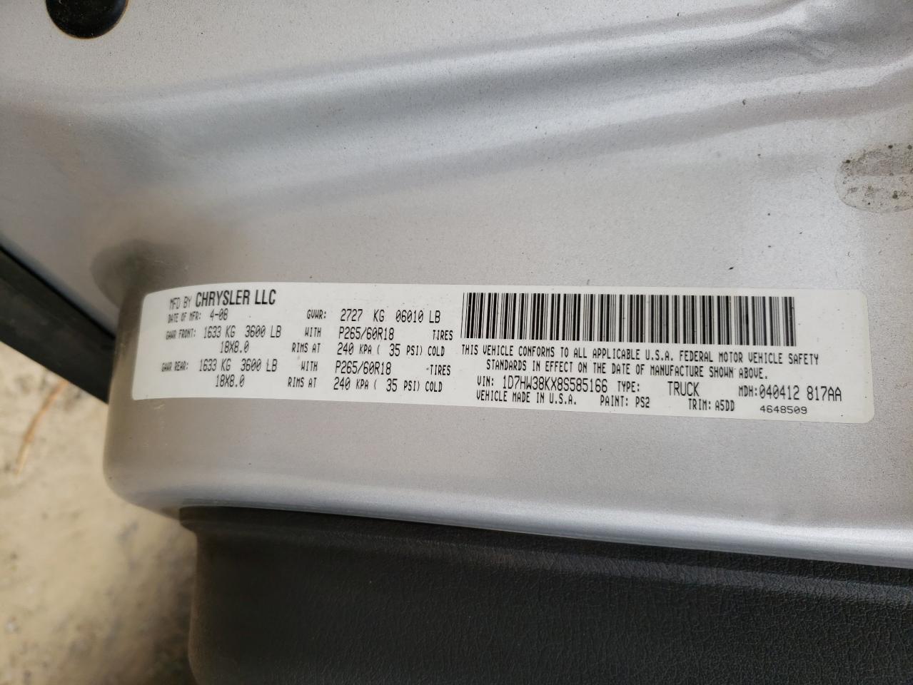 Photo 10 from auction – 2008 DODGE DAKOTA SXT with VIN 1D7HW38KX8S585166