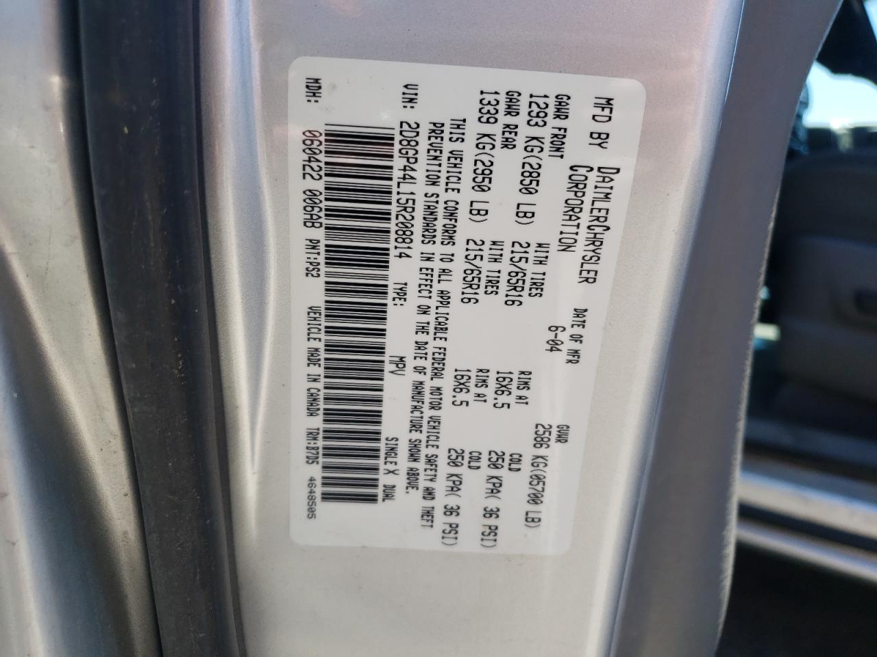 Photo 10 from auction – 2005 DODGE GRAND CARA with VIN 2D8GP44L15R208814