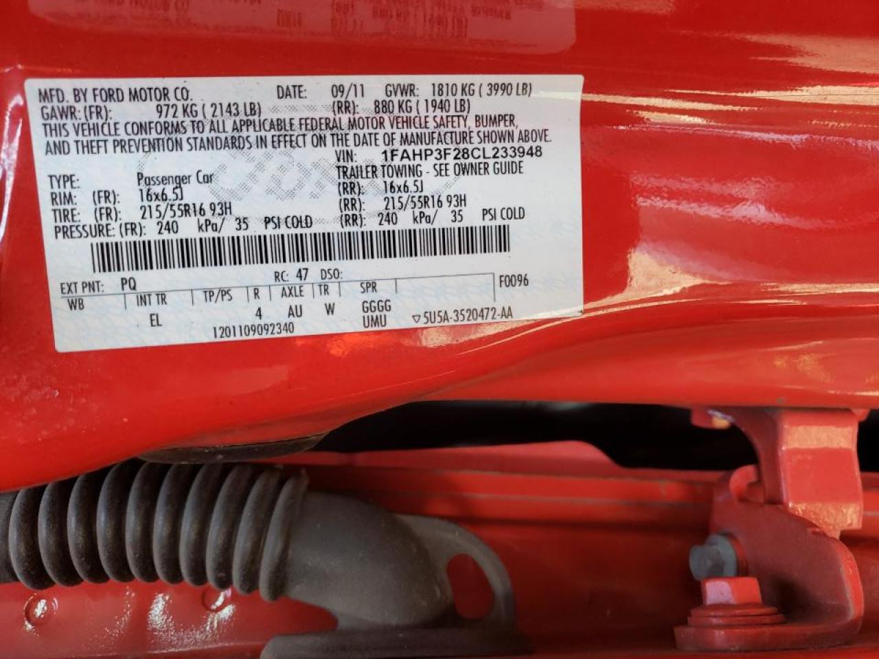 Photo 10 from auction – 2012 FORD FOCUS SE with VIN 1FAHP3F28CL233948