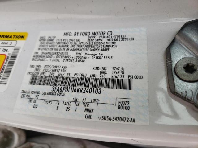 Photo 10 from auction – 2019 FORD FUSION SE with VIN 3FA6P0LU6KR240103