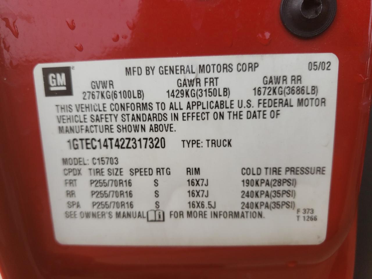 Photo 10 from auction – 2002 GMC NEW SIERRA with VIN 1GTEC14T42Z317320