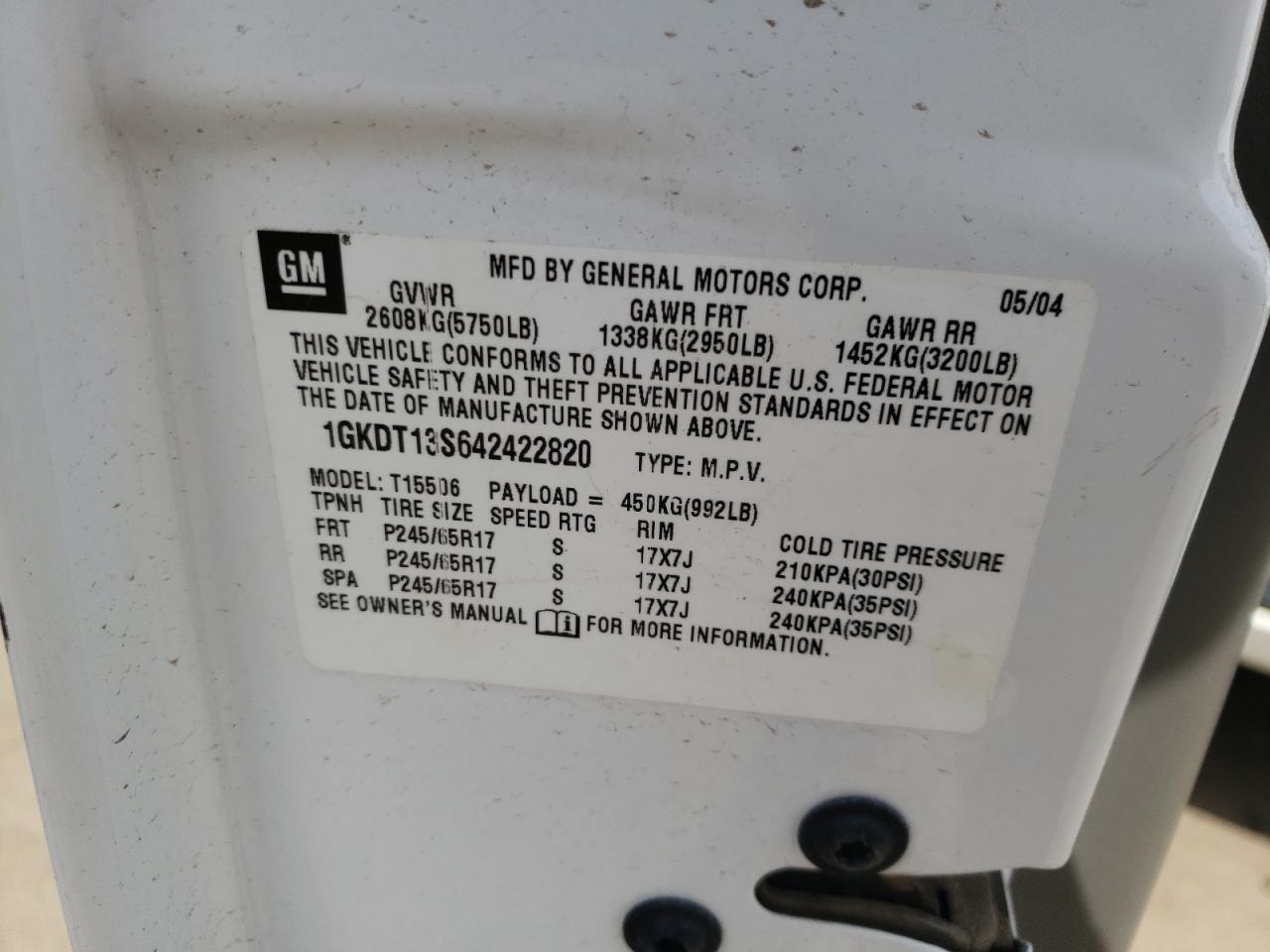 Photo 10 from auction – 2004 GMC ENVOY with VIN 1GKDT13S642422820