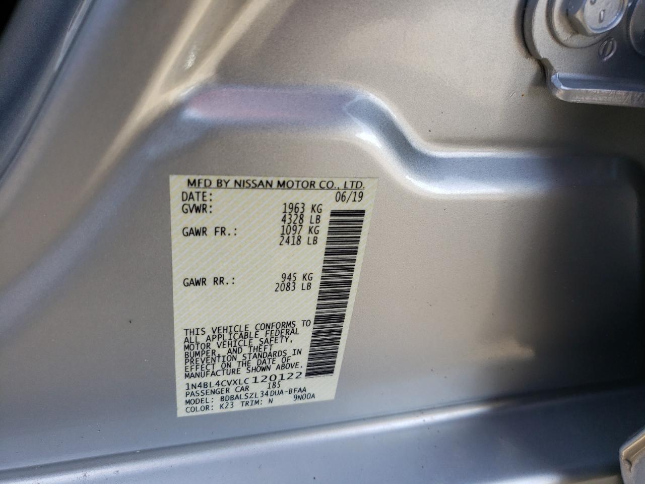 Photo 10 from auction – 2020 NISSAN ALTIMA SR with VIN 1N4BL4CVXLC120122