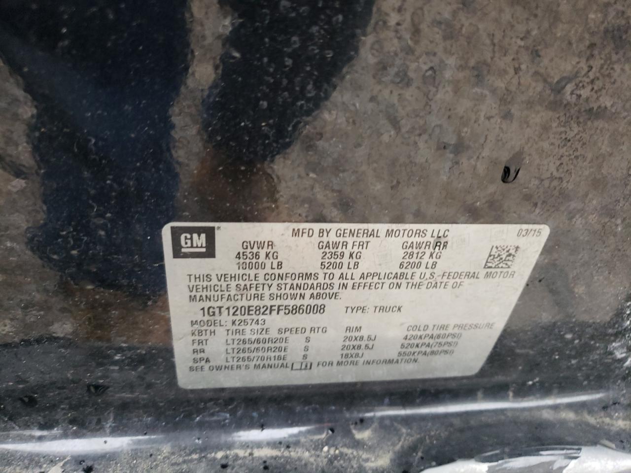 Photo 10 from auction – 2015 GMC SIERRA K25 with VIN 1GT120E82FF586008