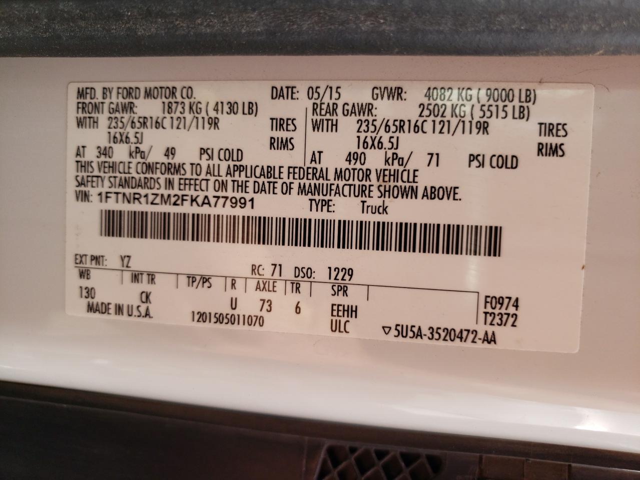 Photo 10 from auction – 2015 FORD TRANSIT T- with VIN 1FTNR1ZM2FKA77991