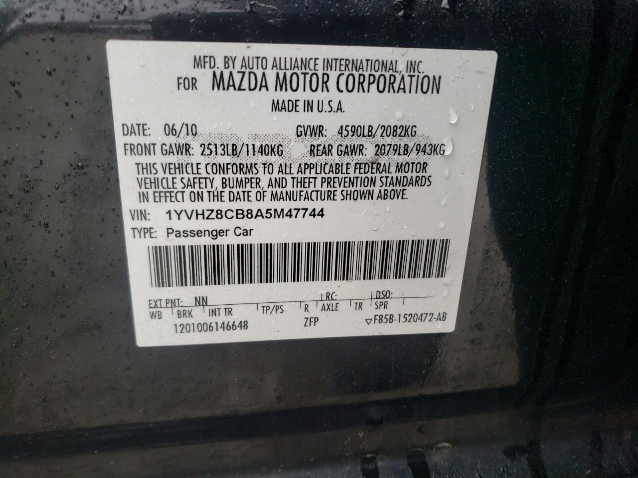 Photo 10 from auction – 2010 MAZDA 6 S with VIN 1YVHZ8CB8A5M47744