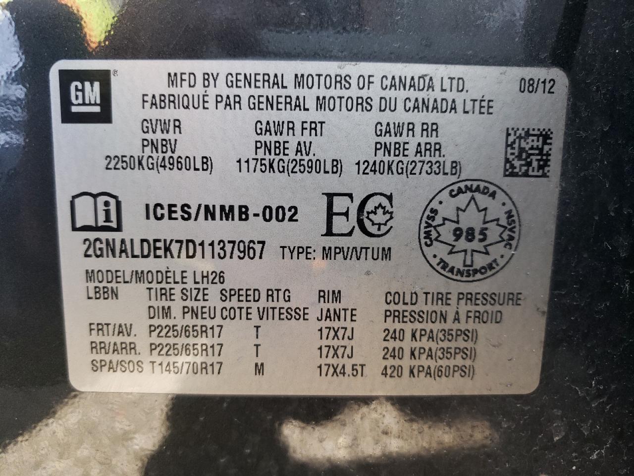 Photo 10 from auction – 2013 CHEVROLET EQUINOX LT with VIN 2GNALDEK7D1137967