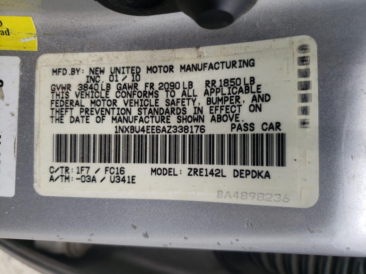 Photo 10 from auction – 2010 TOYOTA COROLLA BA with VIN 1NXBU4EE6AZ338176