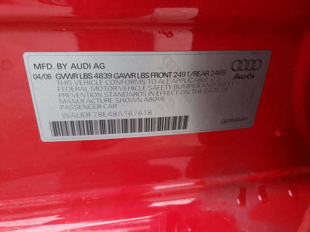 Photo 10 from auction – 2008 AUDI A4 2.0T QU with VIN WAUDF78E48A167618