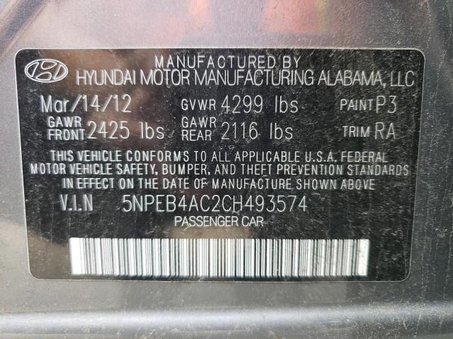 HYUNDAI SONATA GLS 2012 with VIN 5NPEB4AC2CH493574 - Photo from auction