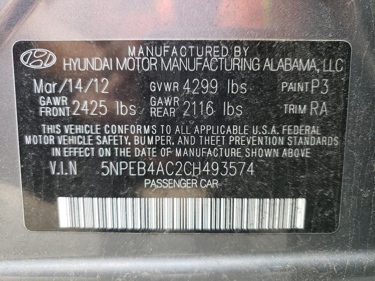 Photo 11 from auction – 2012 HYUNDAI SONATA GLS with VIN 5NPEB4AC2CH493574