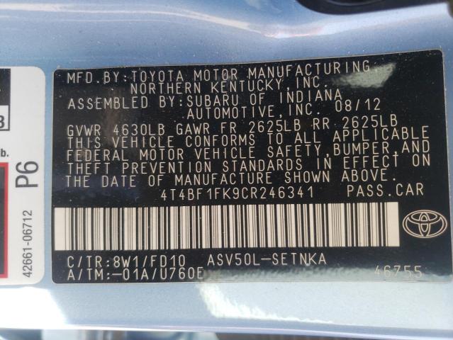 Photo 10 from auction – 2012 TOYOTA CAMRY BASE with VIN 4T4BF1FK9CR246341