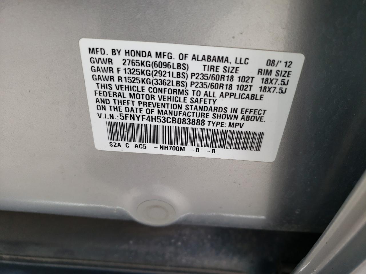 Photo 20 from auction – 2012 HONDA PILOT EXL with VIN 5FNYF4H53CB083888