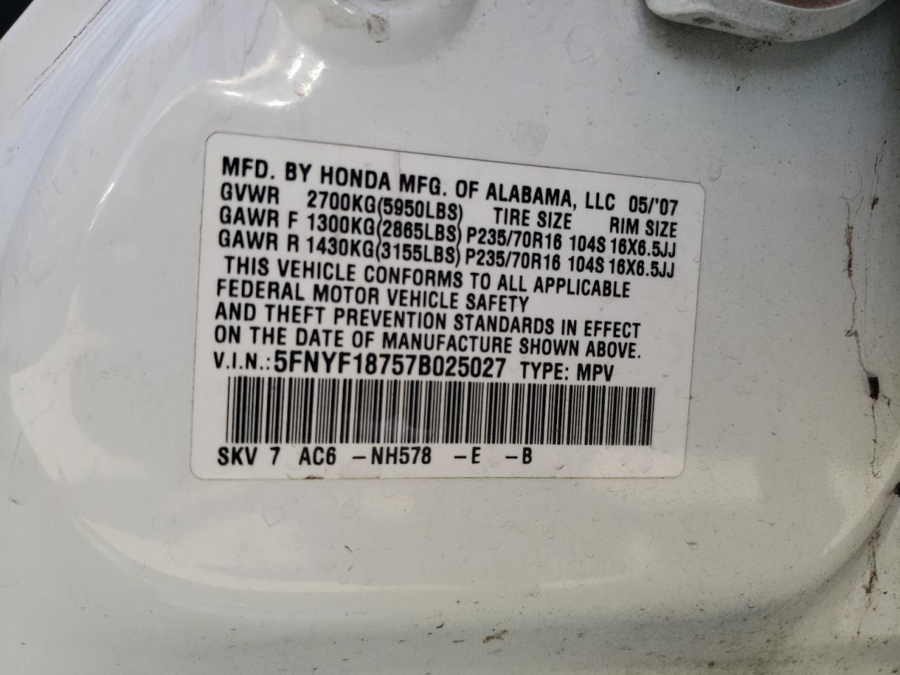 Photo 11 from auction – 2007 HONDA PILOT EXL with VIN 5FNYF18757B025027