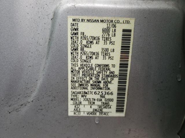 NISSAN PATHFINDER 2007 with VIN 5N1AR18W27C625366 - Photo from auction