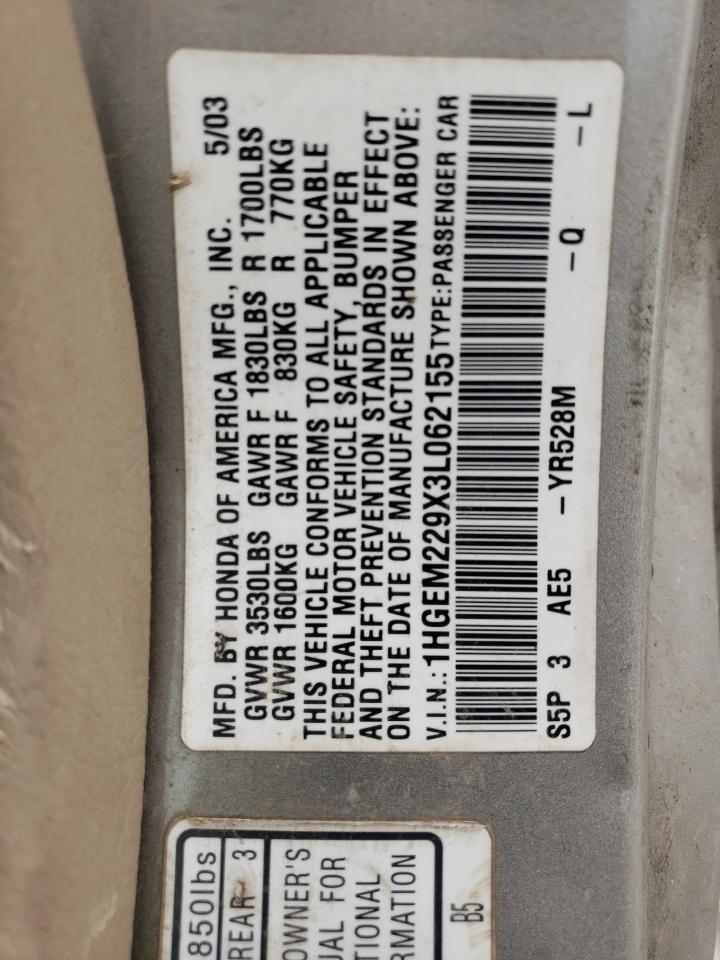 Photo 10 from auction – 2003 HONDA CIVIC EX with VIN 1HGEM229X3L062155