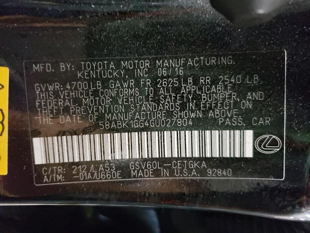 Photo 10 from auction – 2016 LEXUS ES 350 with VIN 58ABK1GG4GU027804