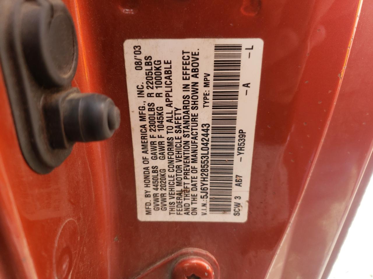 Photo 20 from auction – 2003 HONDA ELEMENT EX with VIN 5J6YH28553L042443