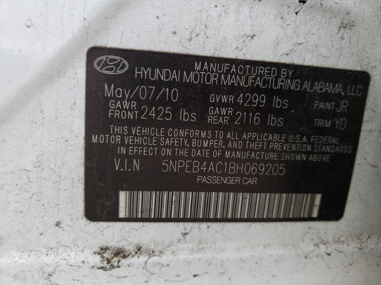 Photo 11 from auction – 2011 HYUNDAI SONATA GLS with VIN 5NPEB4AC1BH069205