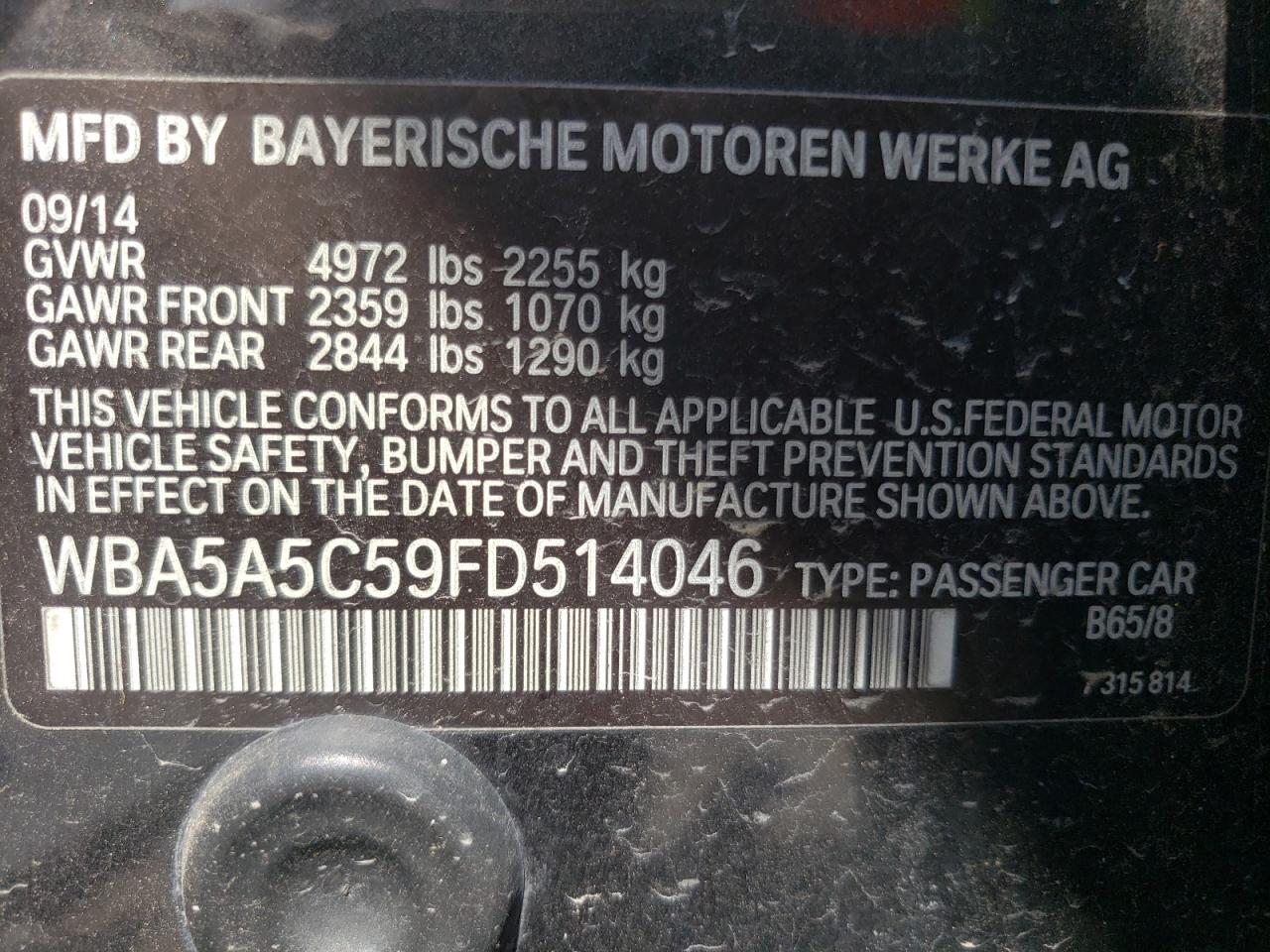 Photo 10 from auction – 2015 BMW 528 I with VIN WBA5A5C59FD514046