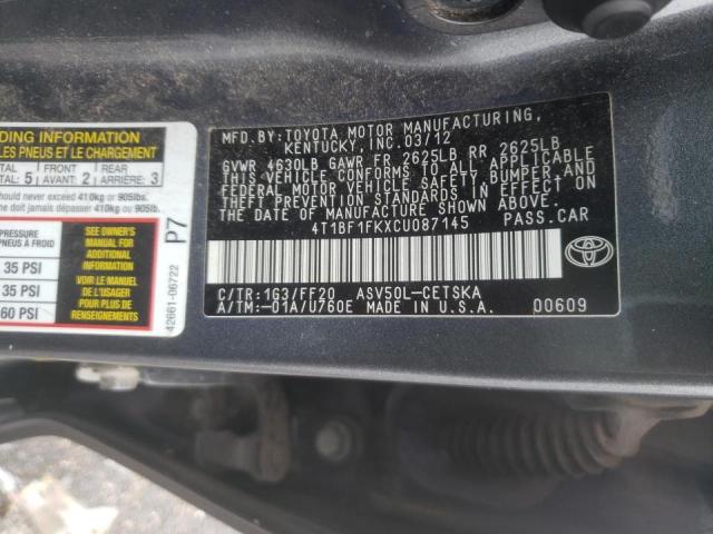 Photo 10 from auction – 2012 TOYOTA CAMRY BASE with VIN 4T1BF1FKXCU087145