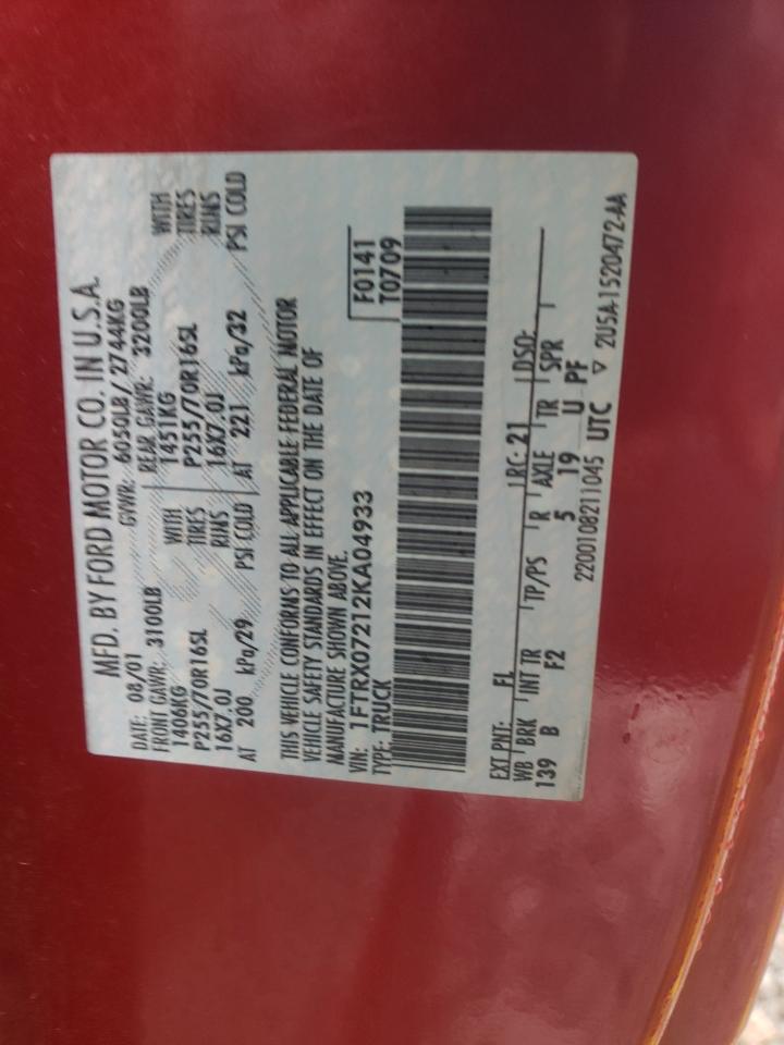 Photo 10 from auction – 2002 FORD F150 with VIN 1FTRX07212KA04933