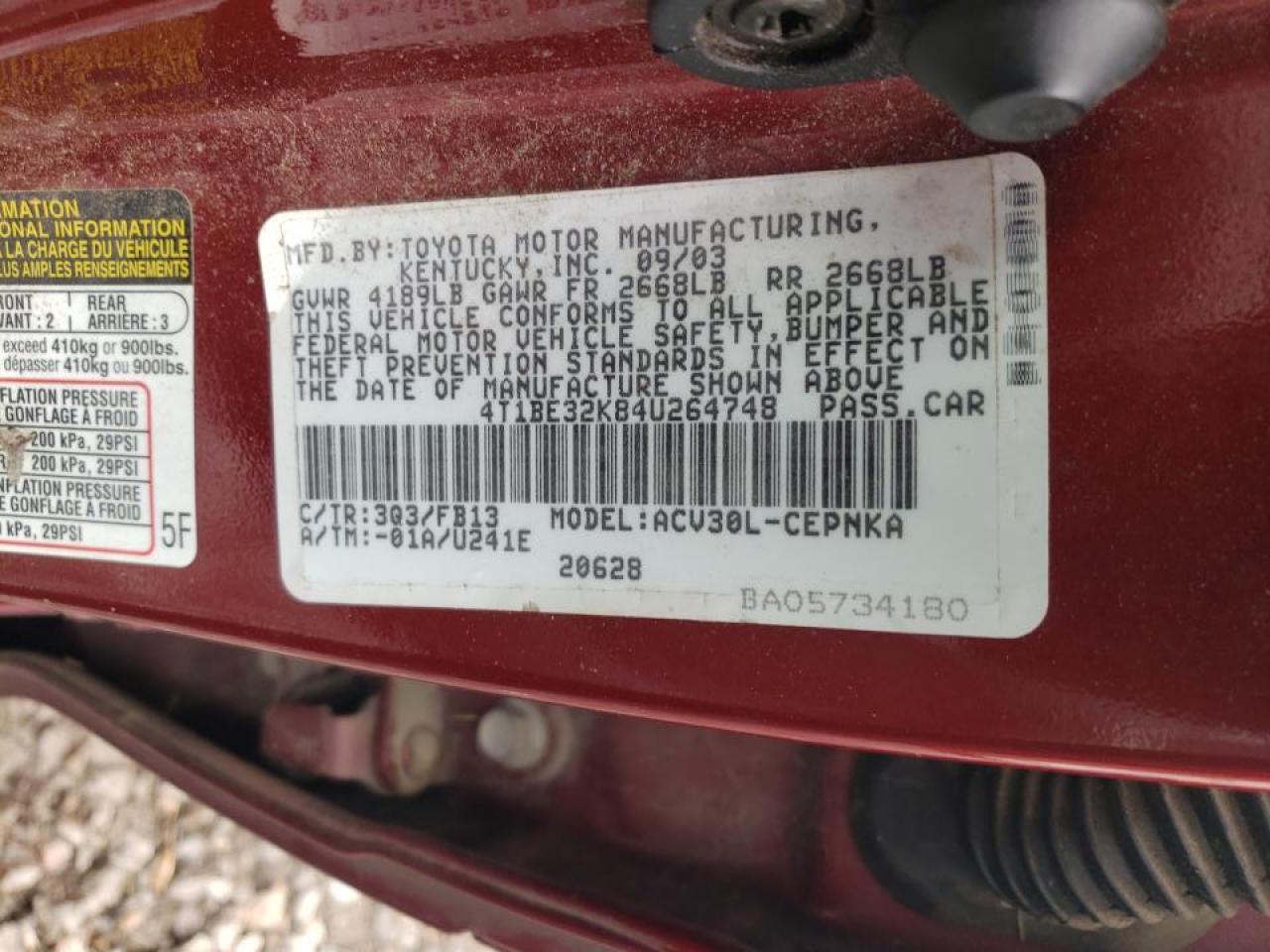 Photo 10 from auction – 2004 TOYOTA CAMRY LE with VIN 4T1BE32K84U264748