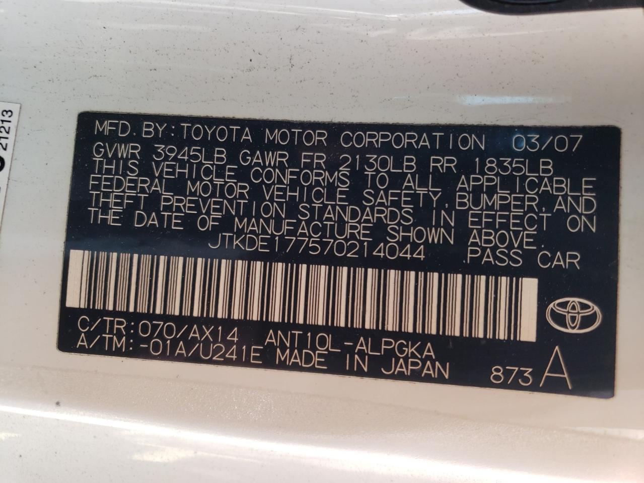 Photo 10 from auction – 2007 TOYOTA SCION TC with VIN JTKDE177570214044