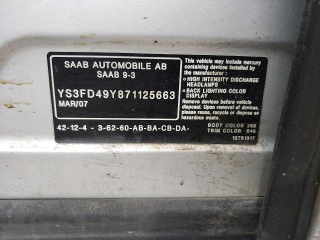 Photo 10 from auction – 2007 SAAB 9-3 2.0T with VIN YS3FD49Y871125663