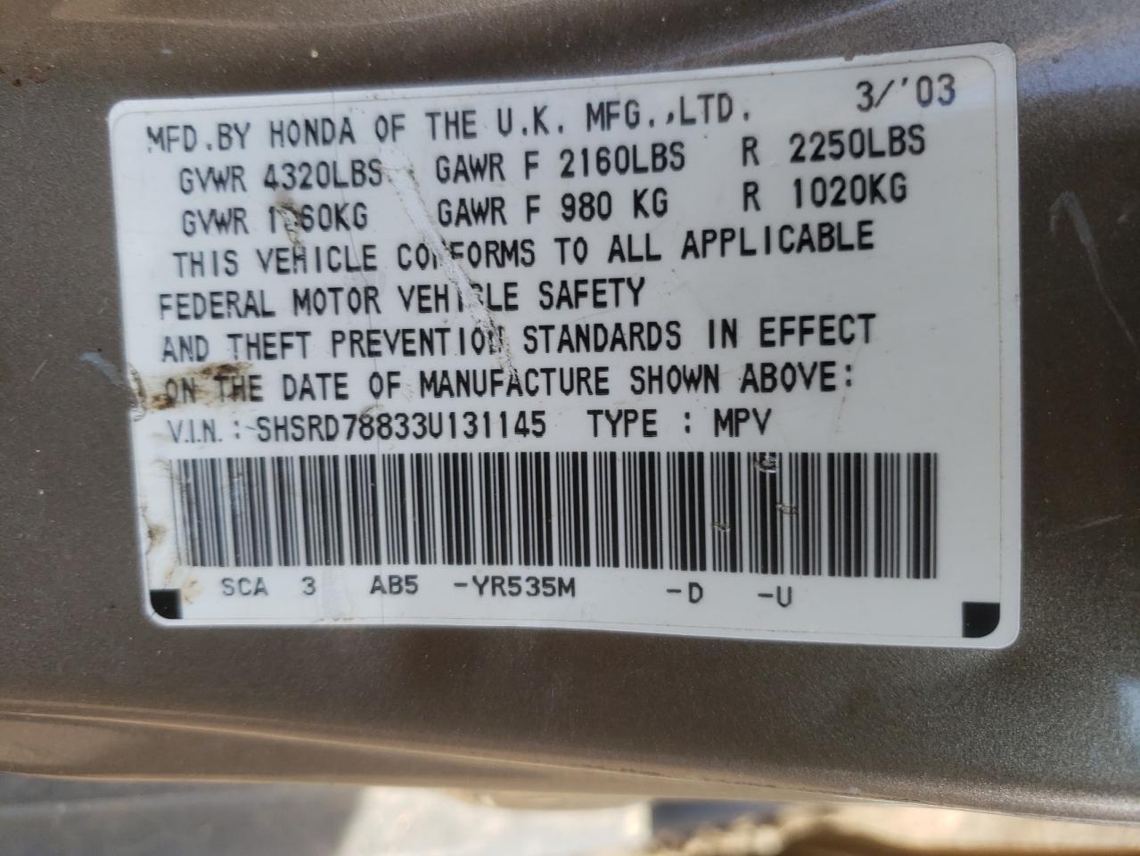 Photo 10 from auction – 2003 HONDA CR-V EX with VIN SHSRD78833U131145