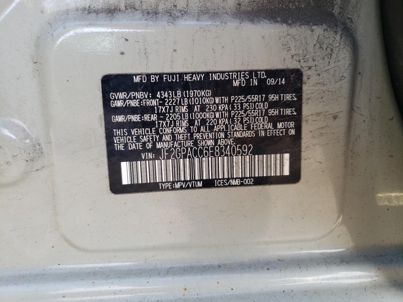 Photo 10 from auction – 2014 SUBARU XV CROSSTR with VIN JF2GPACC6E8340592