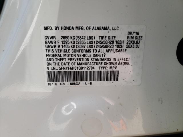 Photo 10 from auction – 2016 HONDA PILOT ELIT with VIN 5FNYF6H01GB112794