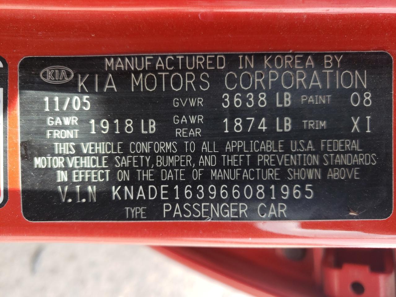Photo 10 from auction – 2006 KIA RIO 5 with VIN KNADE163966081965