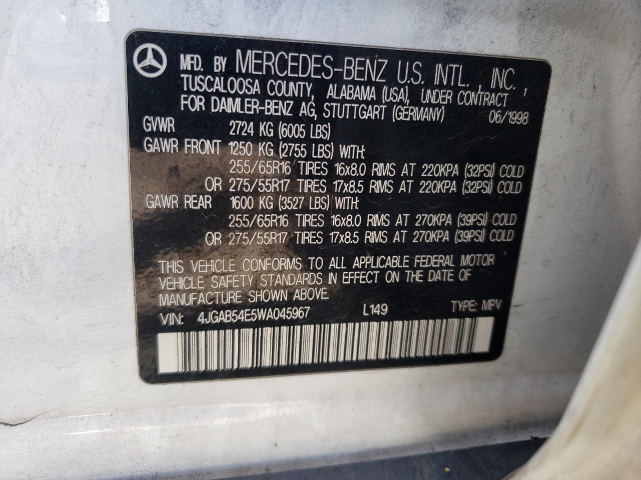 Photo 10 from auction – 1998 MERCEDES-BENZ ML-CLASS with VIN 4JGAB54E5WA045967