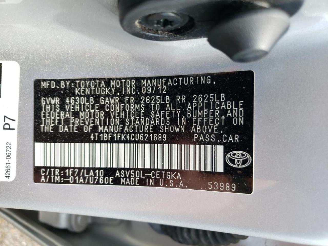 Photo 10 from auction – 2012 TOYOTA CAMRY BASE with VIN 4T1BF1FK4CU621689