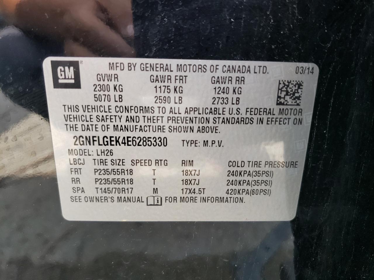 Photo 10 from auction – 2014 CHEVROLET EQUINOX LT with VIN 2GNFLGEK4E6285330